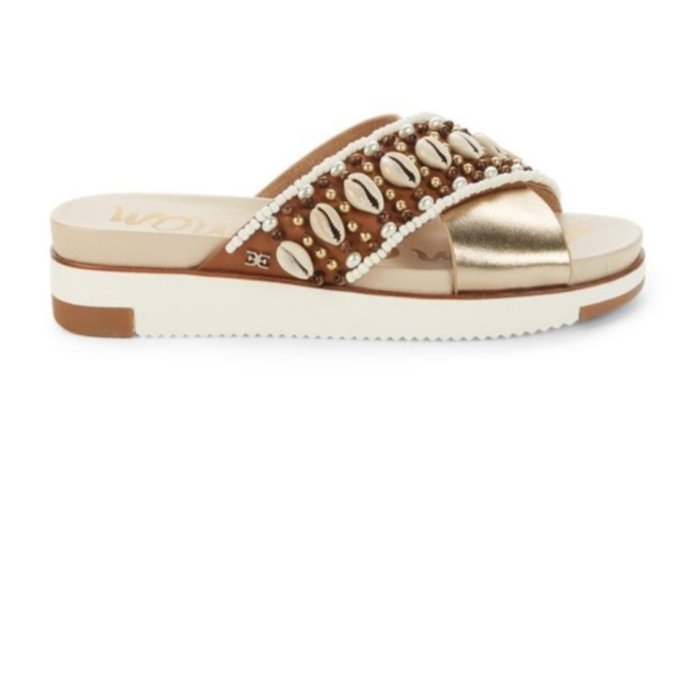 SAM Edelman Austen Platform Slip on Sandals Gold Leather Cowrie Shell Beads - Picture 7 of 12